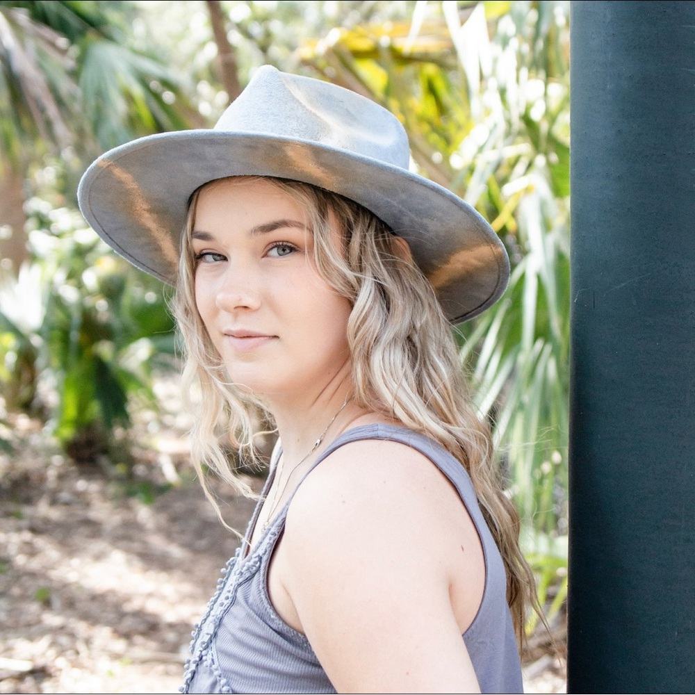 “Astoria” light blue vegan suede hat with gold accent